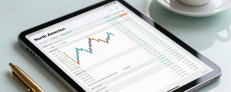 A clean, bright North American workspace with a tablet displaying a financial spreadsheet, next to a gold pen and a cup of coffee on a pale blue desk.