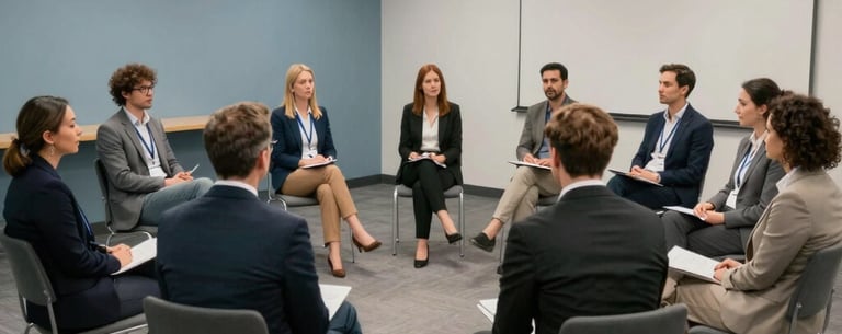 A group of professional people sitting in a circle for a workshop in a modern North American seminar room, bright lighting and grey-blue decor.