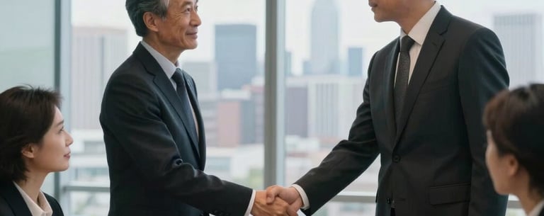 A group of professionals in business attire shaking hands in a sleek, glass-walled conference room with a view of a city skyline, North American / International setting, authoritative and trustworthy mood.