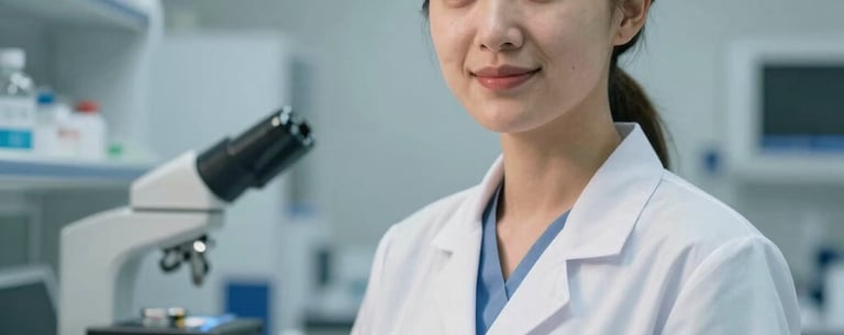 A portrait of a healthcare worker in a modern, well-equipped laboratory setting, professional lighting, conveying medical expertise and hope, international context.