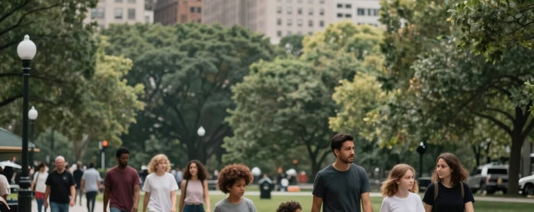 A clean, welcoming North American / US urban park where families are walking, representing community well-being and social stability.