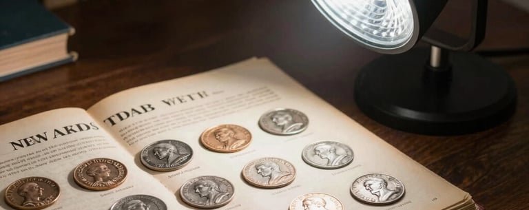 A desk with a professional LED lamp illuminating a vintage American coin catalog, highlighting a sense of research and market expertise.