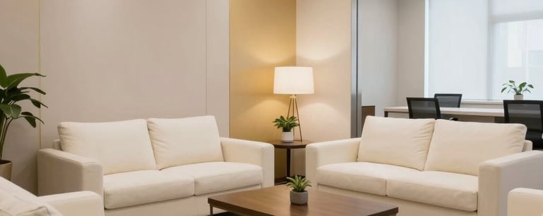 A wide-angle photograph of a sophisticated, modern North American consultation room with off-white furniture and a subtle gold accent on the wall, bright and welcoming.