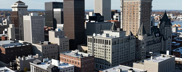 An aerial view of the Saint John, Canada city skyline during a bright day, representing the local economic driver and the home of the Ministry of Entrepreneurs.