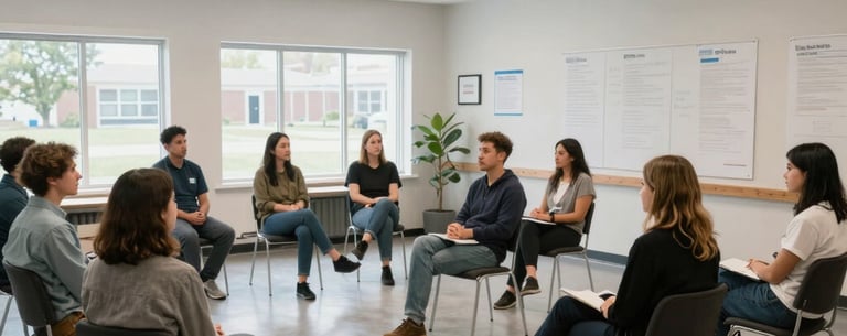 A wide shot of a modern training seminar for small business owners in a Canadian community center. The space is bright and accessible, reflecting a commitment to inclusive education.
