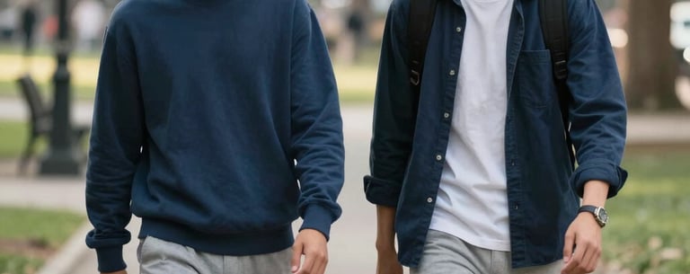 A lifestyle shot of two young adults walking and talking in a North American park, conveying a sense of community and support. The lighting is warm and forward-thinking. Palette: Steel Blue and Pale Gray.