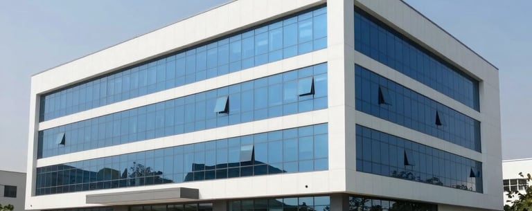 Exterior shot of a contemporary industrial building in Pakistan, clean architectural lines, corporate blue glass windows, under a clear sky, surrounded by well-kept green space.