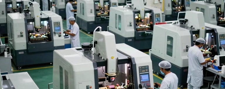A wide-angle interior shot of a high-tech manufacturing floor in Pakistan showing rows of modern CNC machines and professional workers in white scrubs, clean and organized atmosphere.