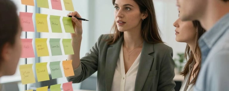 A team brainstorming session with post-it notes on a glass wall, modern office setting, bright and optimistic.