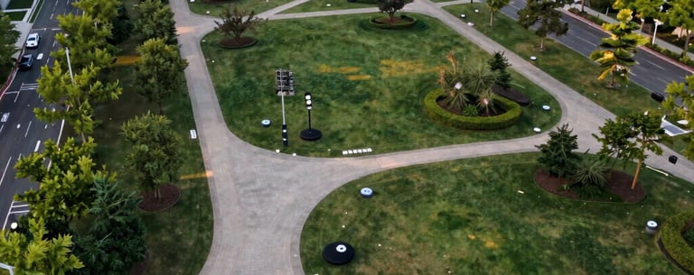 A high-altitude aerial view of a modern city park integrated with hidden environmental sensors. The composition is clean and organized, featuring paths and greenery under soft afternoon light in North America.
