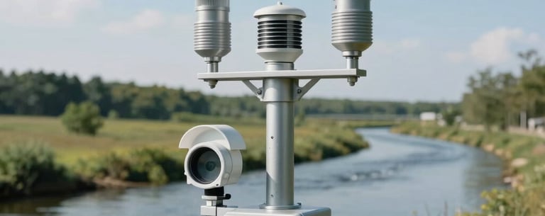 An outdoor shot of an environmental monitoring station near a clean waterway. Sensors are mounted on a professional steel structure. Daylight is bright and natural. North American landscape.