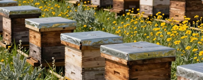 A scenic photograph of an organic apiary located in a North American / US floral pasture. Rows of rustic earthy wood brown beehives sit amid blooming golden wildflowers and sage green grass under a bright warm sun.