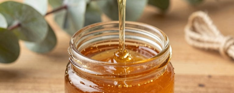 A close-up photograph of rich golden amber honey being poured from a dipper into a small glass favor jar. The jar rests on a warm wood brown surface surrounded by sage green eucalyptus leaves and twine. Gentle natural daylight.