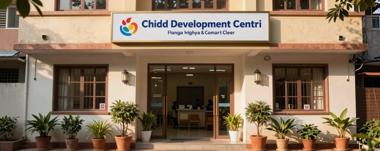 A welcoming, clean entrance of a child development center in a Hyderabad colony, with professional signage, potted plants, and warm afternoon sun.