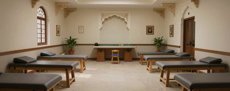 A wide shot of a peaceful, organized therapy room with sensory equipment and soft light, South Asian architectural details,Hyderabad center.