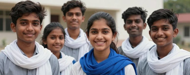A portrait of a group of smiling South Asian youth wearing white and blue scarves, standing together in front of a newly constructed educational wing.