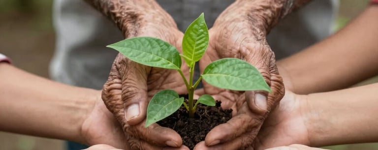A close-up shot of hands of different generations—South Asian elder and youth—holding a green plant together, symbolizing the trust's environmental legacy.