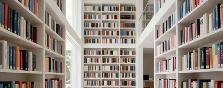 A bright, airy home library in South America with high ceilings, white walls, and floor-to-ceiling bookshelves filled with books. Clean, minimalist interior design.