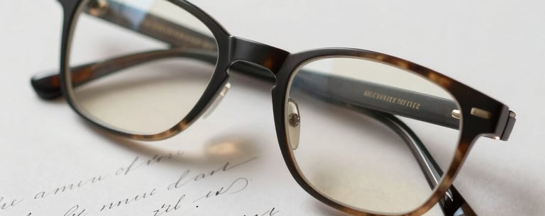 A pair of reading glasses resting on a letter with elegant cursive handwriting. Sophisticated, intimate, and professional photography with a soft focus.