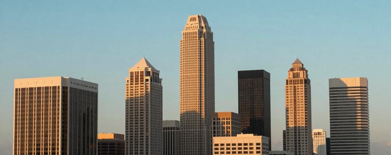 A crisp, professional wide shot of a Florida business district skyline at sunset, emphasizing a clean, prosperous urban environment. Tones of turquoise and navy in the sky.