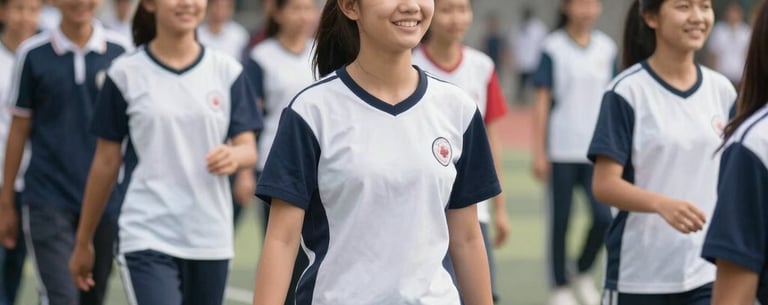 Southeast Asian students during a sports activity in the school yard, wearing athletic uniforms, smiling and active, bright daylight.