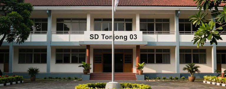 A wide photography shot of the clean front facade of SD N Tonjong 03 school building in Indonesia, with a flagpole, a neatly paved courtyard, and green trees.