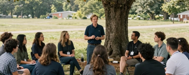 A photography shot of an outdoor mentorship workshop in a North American setting, with participants engaged in discussion under a large tree, using natural light and professional composition.