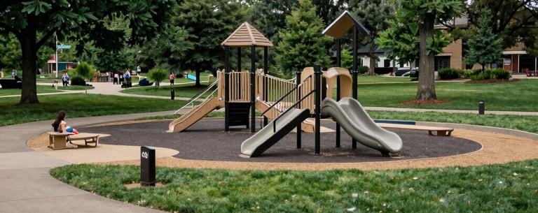 A wide-angle landscape photograph of a thriving North American public park with a modern, inclusive playground, clean paths, and mature trees, symbolizing a healthy community environment.