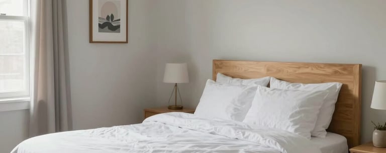 A peaceful, well-organized bedroom in a Detroit, Michigan recovery residence. The room is tidy and features soft white bedding and light wood furniture, reflecting a calm and supportive atmosphere.