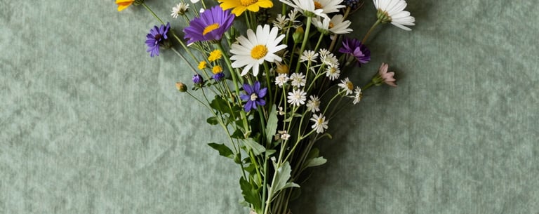 A high-angle photo of a clean, minimalist bouquet of wildflowers on a dusty green textile, representing simple beauty and hope.