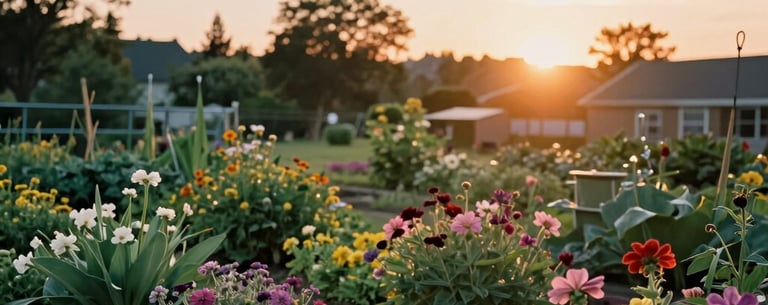 A peaceful North American community garden at sunset, with diverse flowers in bloom, emphasizing hope and accessible nature.
