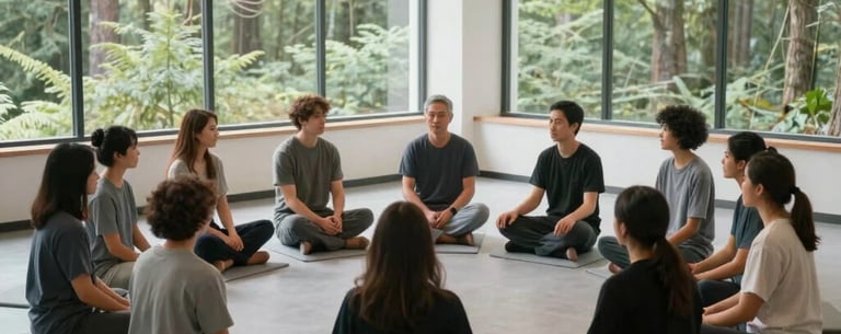 Photography of a group of people sitting in a circle on light grey mats in a bright, modern studio. Large windows show a North American forest. The atmosphere is quiet, authentic, and spiritual.