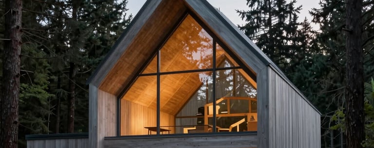 Exterior photography of a modern spiritual sanctuary in the North American Pacific Northwest. The building features light grey wood and glass, nestled among tall pines at dusk. Warm light glows from within.