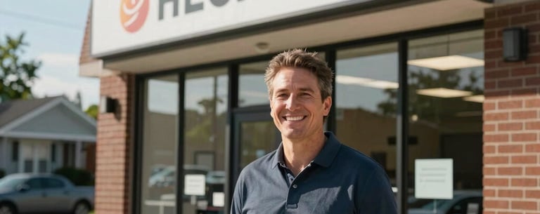 An entrepreneur smiling outside their new small business storefront in a thriving US suburban neighborhood.