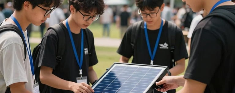 A group of young people at an outdoor innovation fair, showcasing a solar-powered prototype in a North American park.