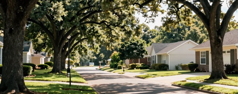 A beautiful residential suburban street in a leafy North Houston neighborhood. Sunlight streams through large oak trees onto a well-maintained lawn, creating a sense of peace and security.