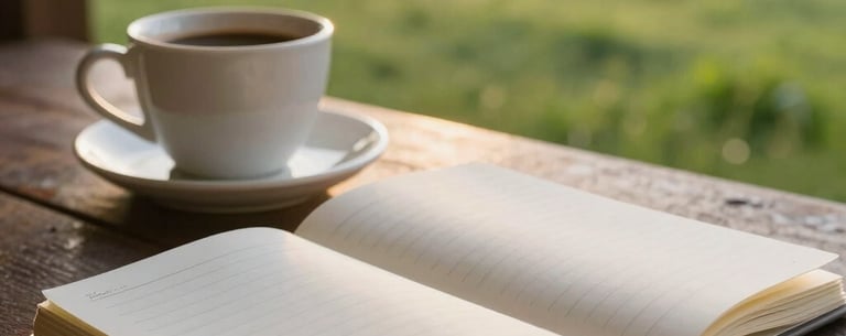 A close-up of a notebook and a cup of coffee on a porch overlooking a sunny green meadow at dawn, representing quiet reflection.
