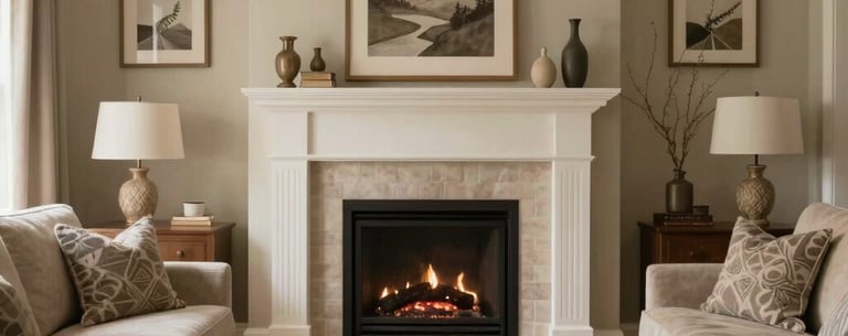 An interior shot of a warm, sophisticated living room in a modern North American senior home, featuring a fireplace, soft textiles, and calming colors.