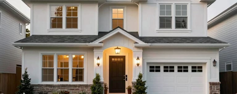 A beautiful, high-end residential home in a quiet North American neighborhood, featuring clean architecture and a welcoming front entrance with lush landscaping.