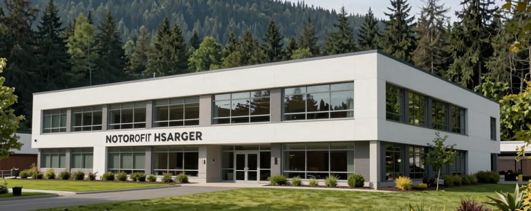 A modern, professional nonprofit headquarters building in Issaquah, Washington, surrounded by the lush green forests of the Pacific Northwest. The building is clean and inviting, reflecting integrity and compassion. North American setting.
