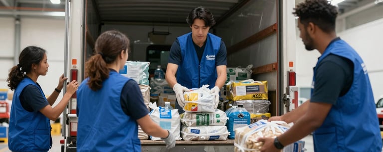 A scene of North American community volunteers in medium blue vests unloading food and water supplies from a truck in a well-lit warehouse. Compassionate and action-oriented atmosphere.