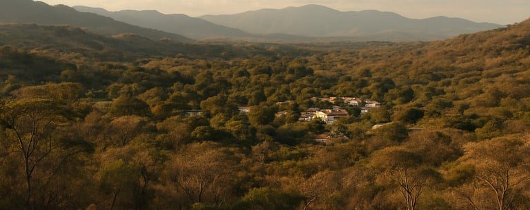 A panoramic photography of the beautiful landscapes around San Alfonso, Villavieja, Huila, showing the warm tropical dry forest and a glimpse of the community architecture.