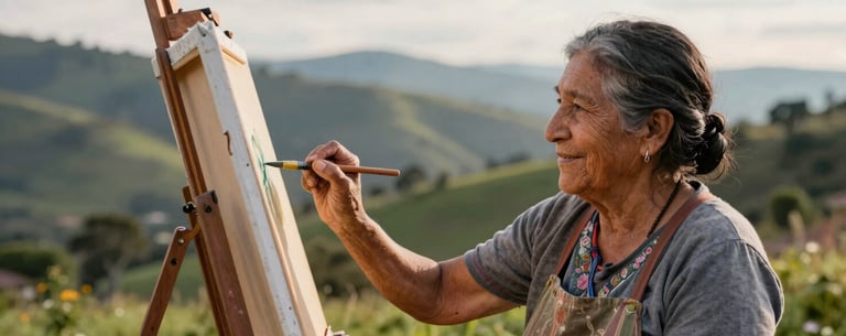 An elderly woman smiling while painting on a canvas outdoors, surrounded by the green landscapes of Huila, under soft afternoon light.