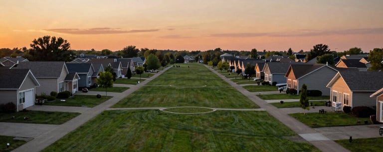 A wide-angle landscape shot of a North American suburban park at sunset, symbolizing a sustainable and peaceful world for future generations.