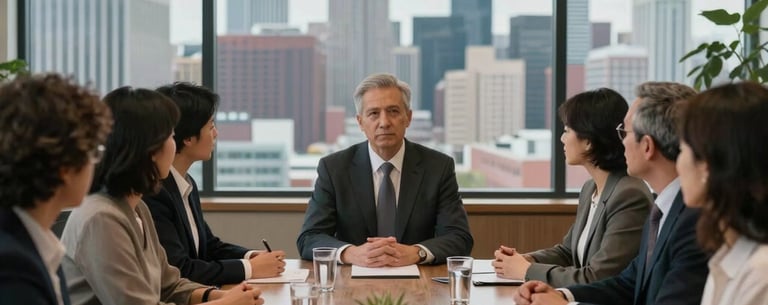 A professional portrait of a family board meeting, with a backdrop of a North American skyline through a large window, conveying trust and integrity.