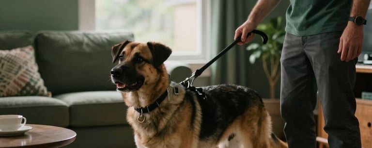 Action shot of a service dog alerting its handler in a North American living room, soft natural lighting through a window, deep forest green accents in the decor, warm and hopeful atmosphere.