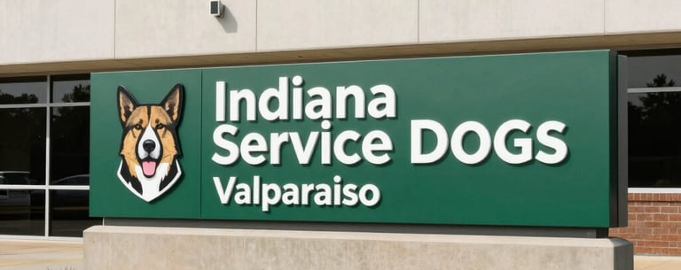 A bright photography shot of the Indiana Service Dogs office exterior in Valparaiso, a North American professional building with a neat lawn, sage and forest green branding on a sign.