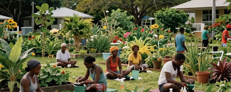 A high-quality lifestyle photograph of a peaceful community garden in the Caribbean / Anglophone Caribbean, representing community-focused wellness and connection.