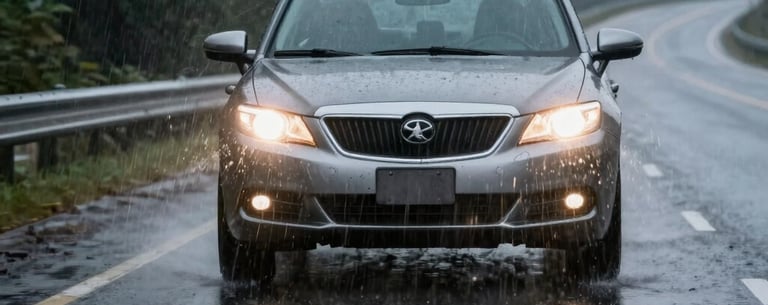 A high-quality photography shot of a car driving through rain on a North American highway at dusk, focused on the wet road surface and headlights, conveying a sense of safety and control.
