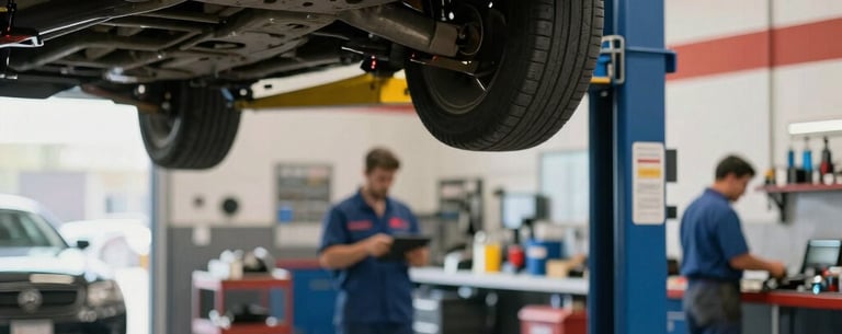 The clean, well-lit interior of a North American auto repair shop with a car on a hydraulic lift, professional mechanics working in the background, sharp focus on technical expertise.
